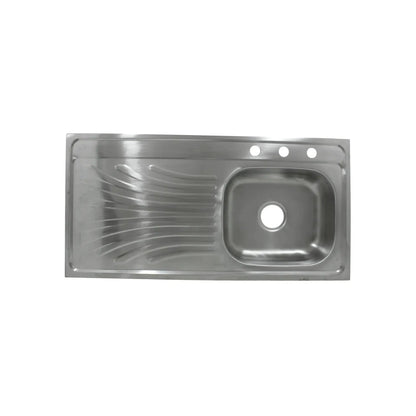 Fregadero de cocina de acero inoxidable con escurridor a la izquierda y 3 perforaciones para grifo