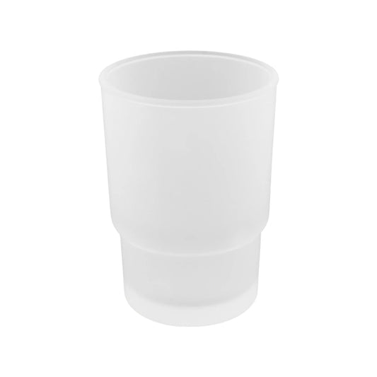 Vaso de baño plástico translúcido blanco, ideal para cepillos de dientes o accesorios de aseo personal