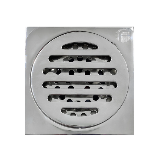 Coladera de piso anti olores cuadrada 10x10 cm, rejilla redonda cromada con ranuras horizontales y orificios.