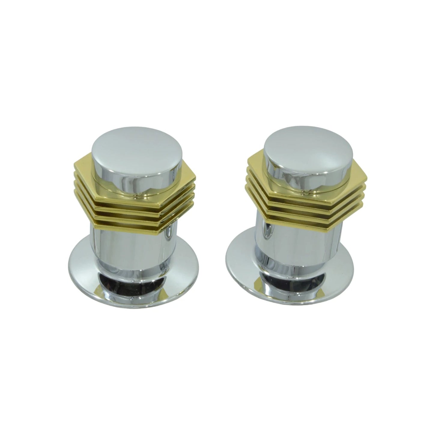Set de 2 manerales para regadera cromado y dorado con diseño hexagonal, ideal para ducha de baño.
