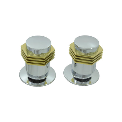 Set de 2 manerales para regadera cromado y dorado con diseño hexagonal, ideal para ducha de baño.