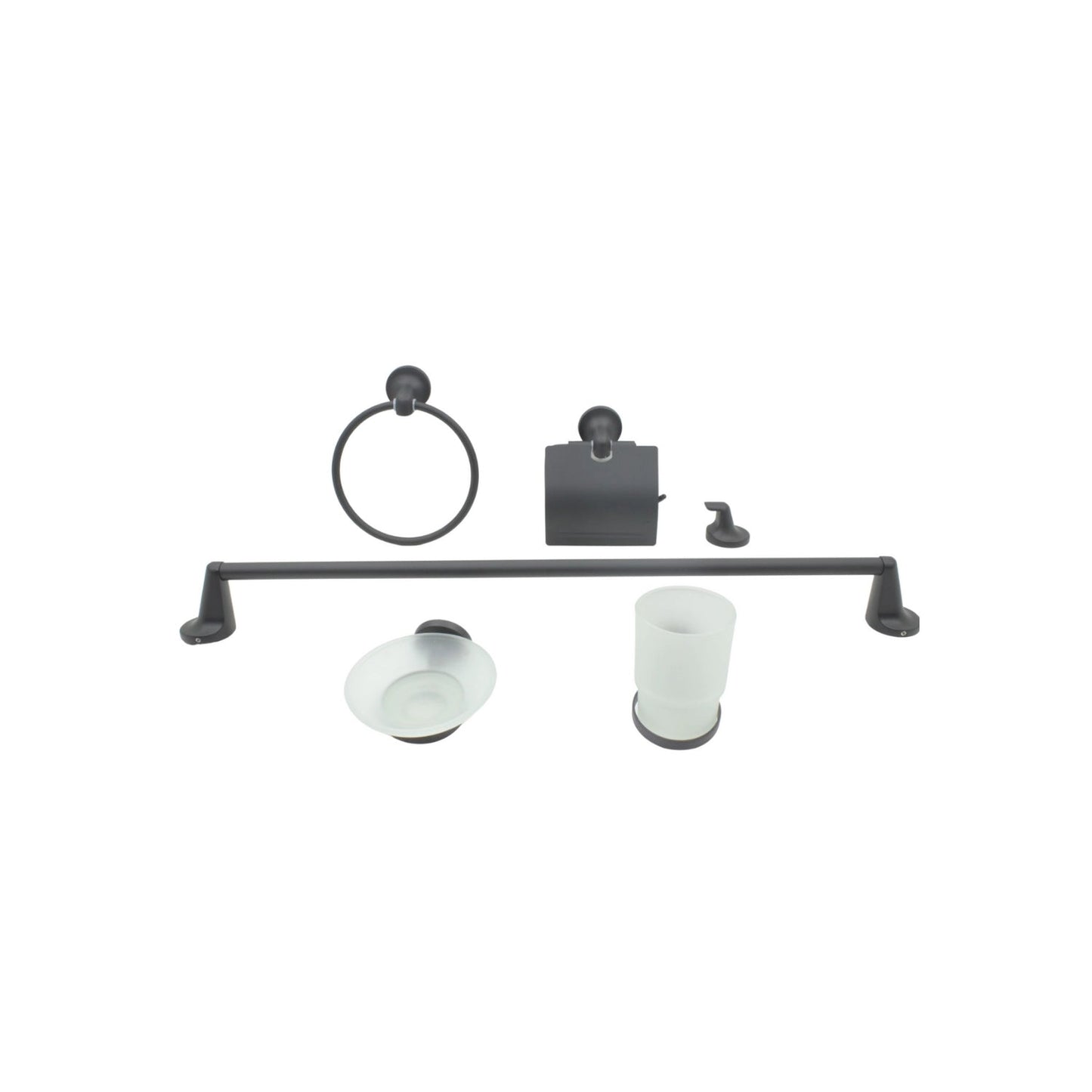 Juego de 6 accesorios de baño negro mate: toallero, anilla, portarrollos, gancho, jabonera y vaso de vidrio esmerilado