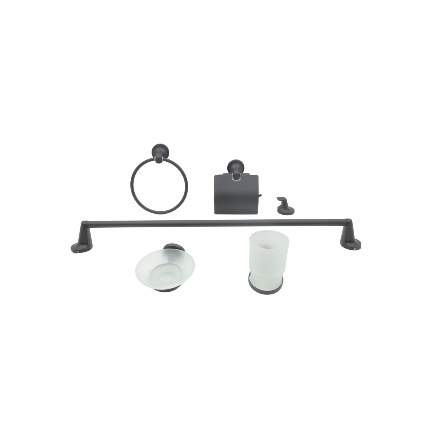 Juego de 6 accesorios de baño negro mate: toallero, anilla, portarrollos, gancho, jabonera y vaso de vidrio esmerilado