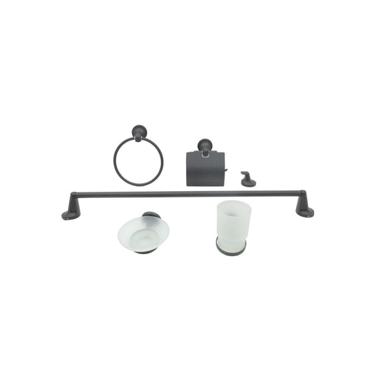 Juego de 6 accesorios de baño negro mate: toallero, anilla, portarrollos, gancho, jabonera y vaso de vidrio esmerilado