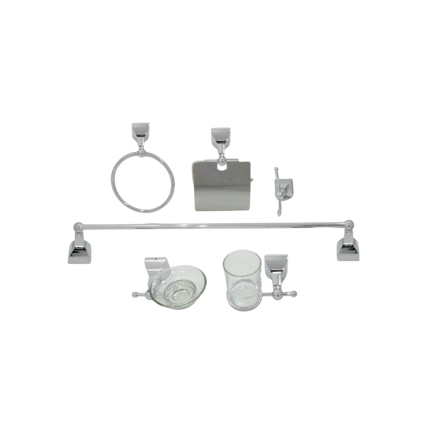 Juego de 6 accesorios para baño cromados: toallero de barra y aro, portarrollos, jabonera, gancho, porta vaso.