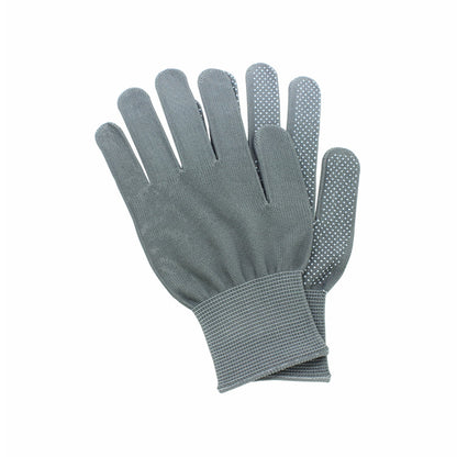 Guantes de trabajo tipo japonés grises de nylon antiderrapante con puntos blancos para agarre.
