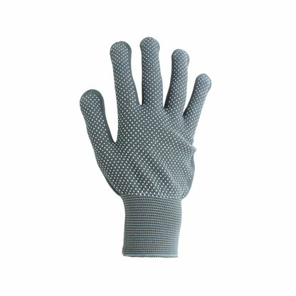 Guante de trabajo gris de nylon con puntos antiderrapantes para agarre seguro en ferretería