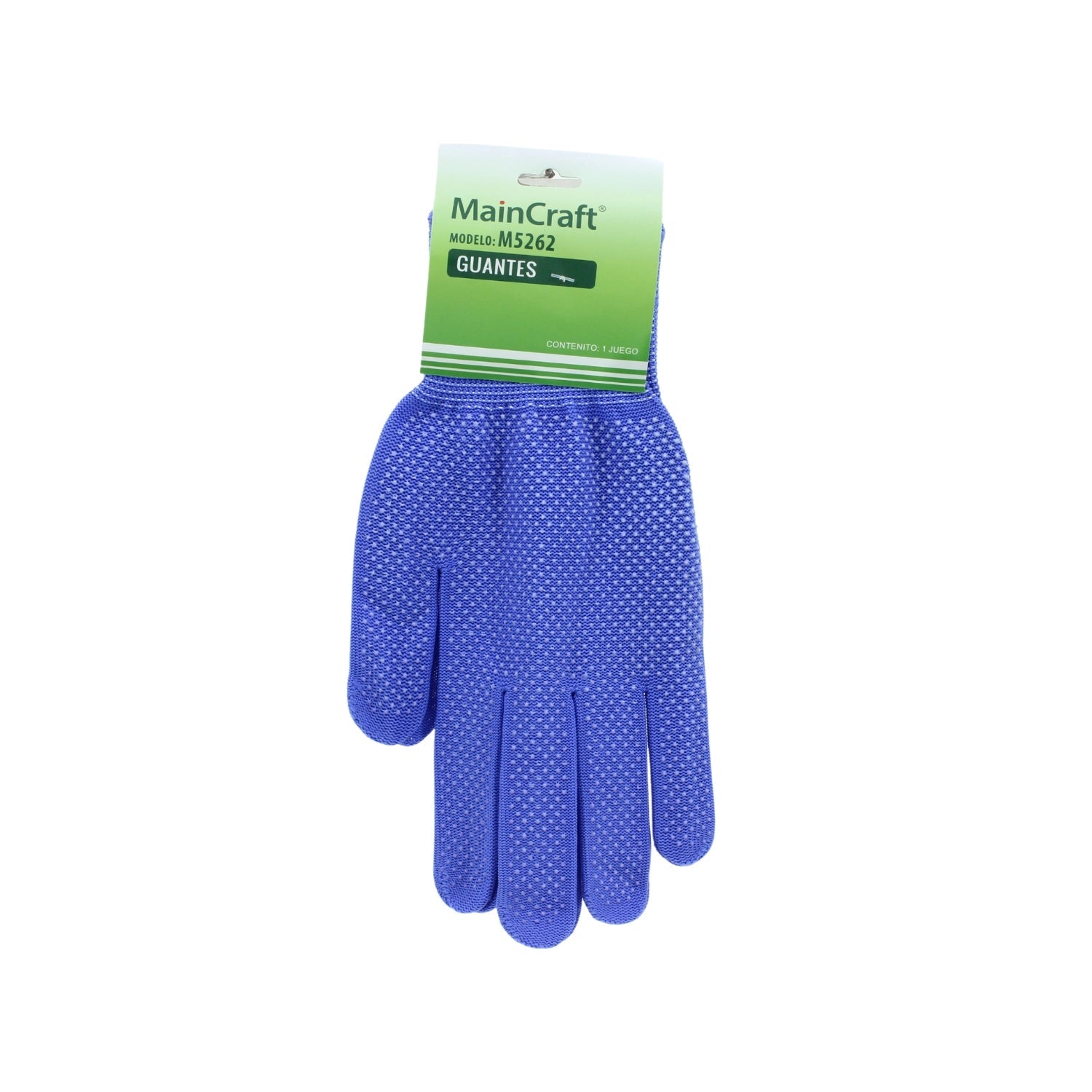 Guantes de trabajo MainCraft M5262 azules de nylon con textura antiderrapante para agarre seguro.