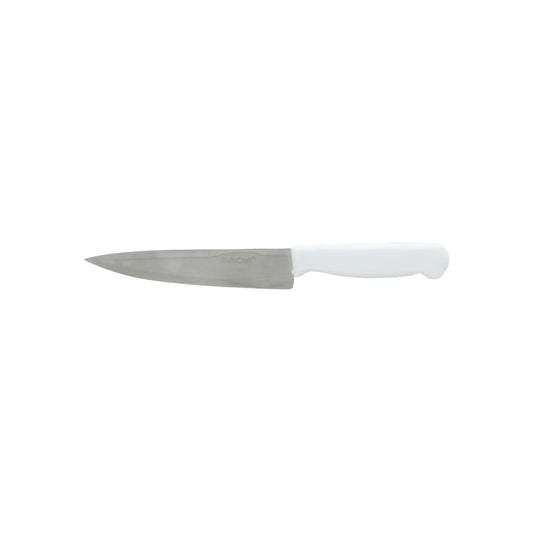 Cuchillo Maincraft de 6 pulgadas con hoja lisa de acero inoxidable y mango blanco ergonómico para cocina.
