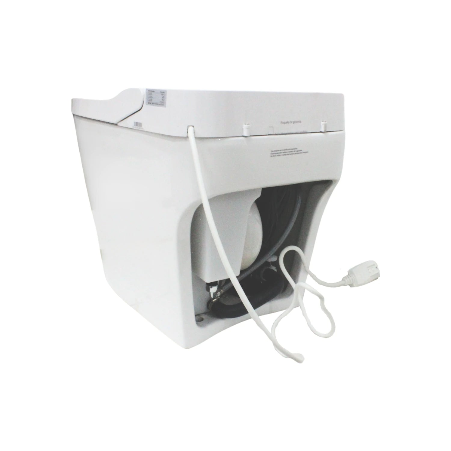 Baño inteligente Fidic W8002 blanco, vista trasera con conexiones de agua y cable eléctrico para instalación