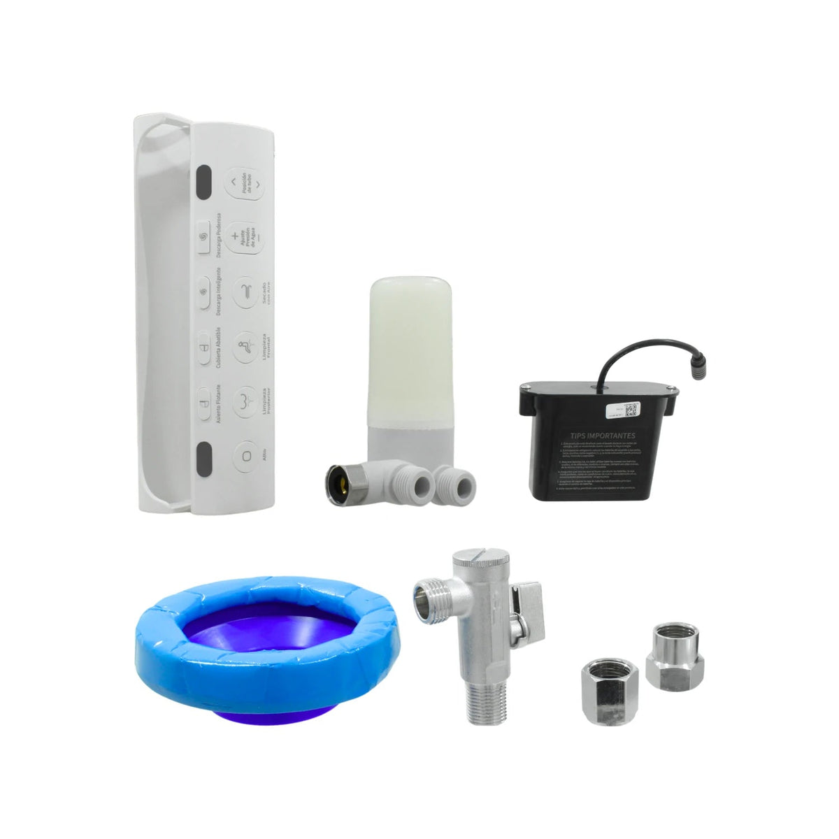 Kit de instalación para inodoro inteligente: control remoto blanco, filtro de agua, válvula angular cromada, y aro de cera azul.