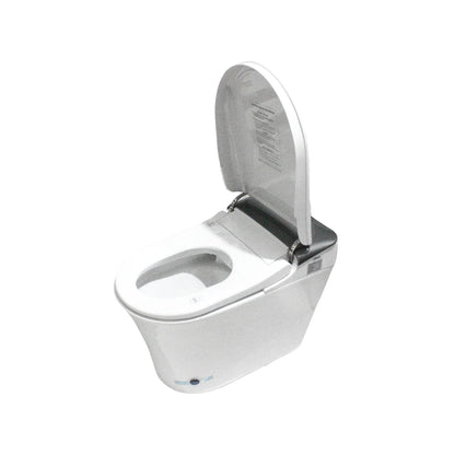 WC inteligente blanco de cerámica, inodoro moderno con bidet electrónico integrado y asiento/tapa levantados.