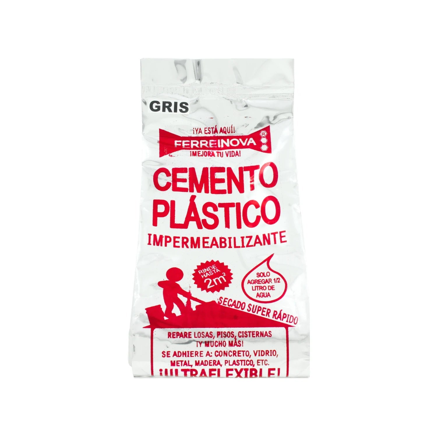 Cemento plástico impermeabilizante gris Ferreinova para reparación de losas y pisos. Secado rápido y ultraflexible.