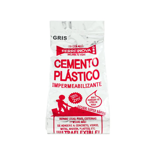 Cemento plástico impermeabilizante gris Ferreinova para reparación de losas y pisos. Secado rápido y ultraflexible.