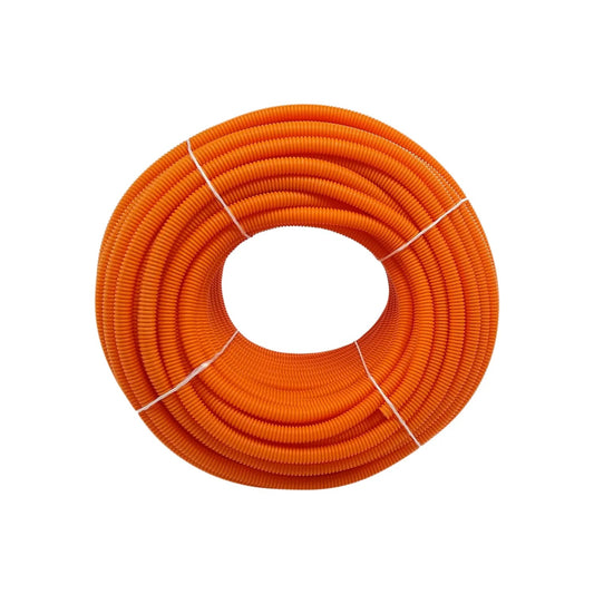 Rollo de poliducto flexible corrugado naranja, manguera plástica para instalaciones y protección de cables