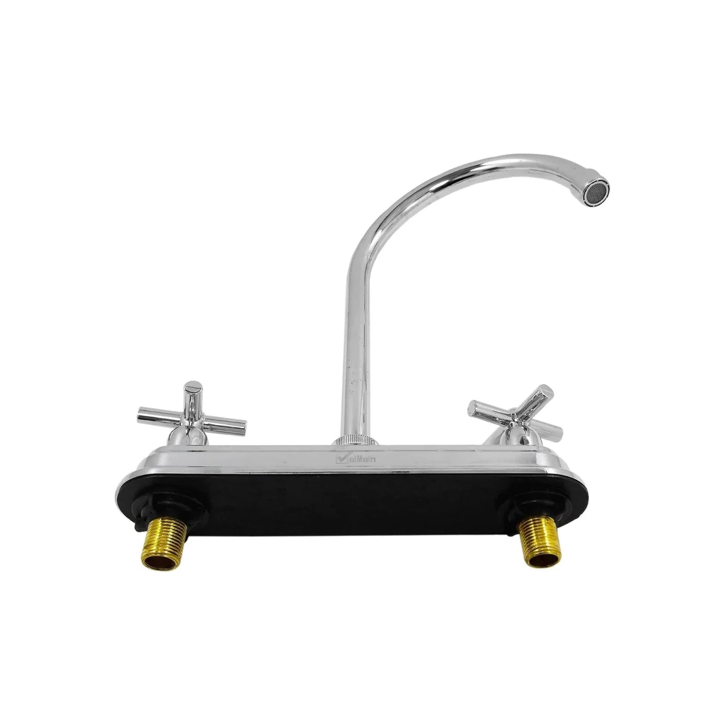 Mezcladora de fregadero Valmain cromada con caño alto curvo, 2 manijas cruzadas y base negra para cocina.
