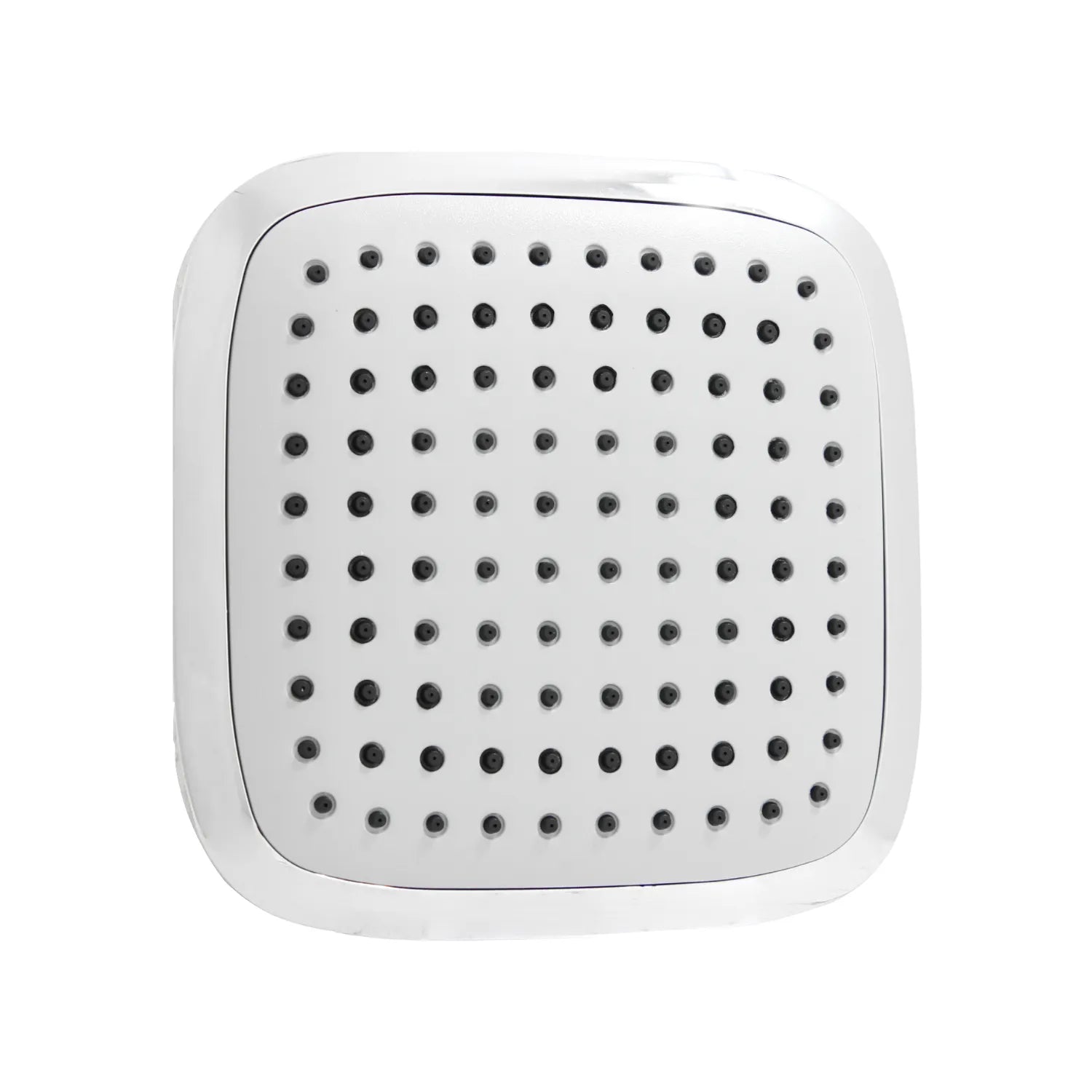 Cabezal de ducha cuadrado cromado con panel blanco y boquillas de silicona anticalcáreas para baño.