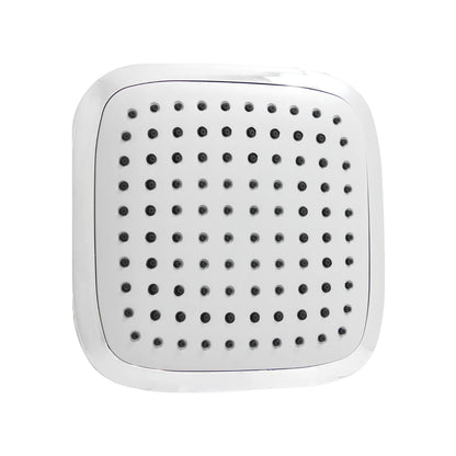 Cabezal de ducha cuadrado cromado con panel blanco y boquillas de silicona anticalcáreas para baño.