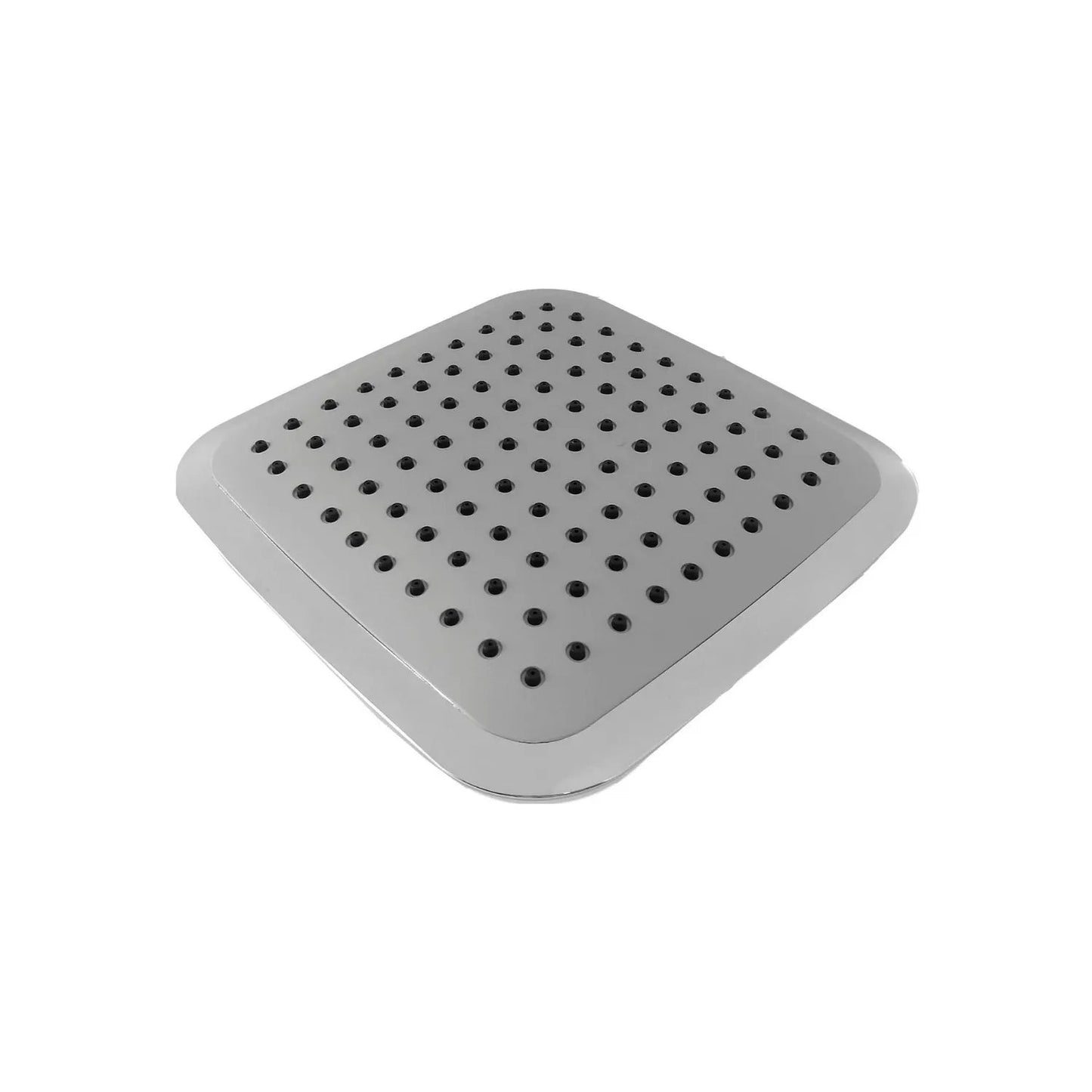 Regadera de ducha cuadrada con acabado cromado y boquillas para salida de agua, ideal para baño.