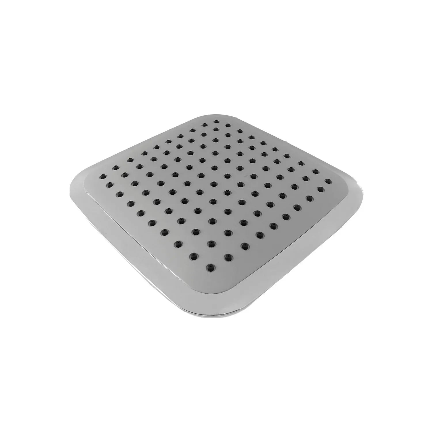Regadera de ducha cuadrada con acabado cromado y boquillas para salida de agua, ideal para baño.