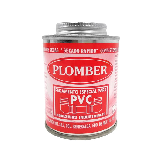 Pegamento especial para PVC marca Plomber color rojo. Adhesivo industrial de secado rápido para tuberías.