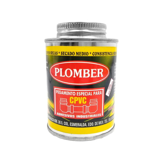 Pegamento adhesivo PLOMBER especial para tuberías CPVC. Secado y consistencia media para uso en plomería.