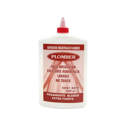 Pegamento blanco Plomber industrial 500g, extra fuerte, lavable y no tóxico para uso general en ferretería y hogar.