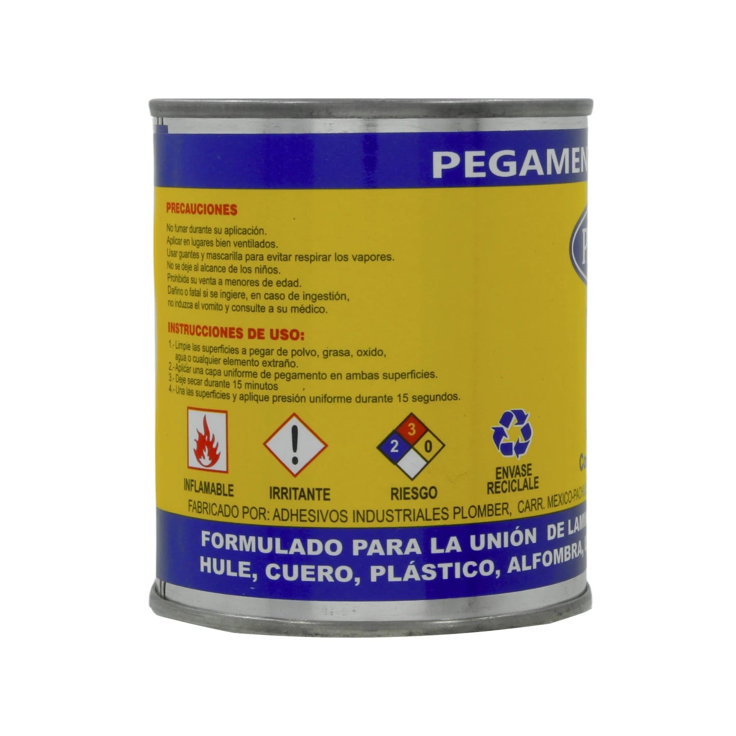 Pegamento de contacto Plomber amarillo para unión de hule, cuero, plástico y alfombra. Inflamable.