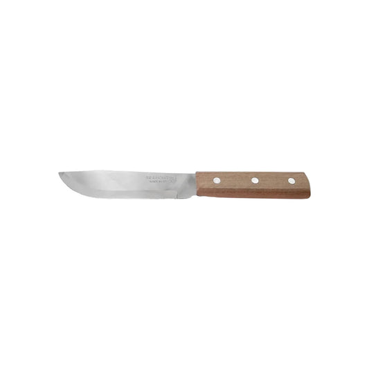 Cuchillo Tramontina liso con hoja de acero inoxidable y mango de madera claro remachado.
