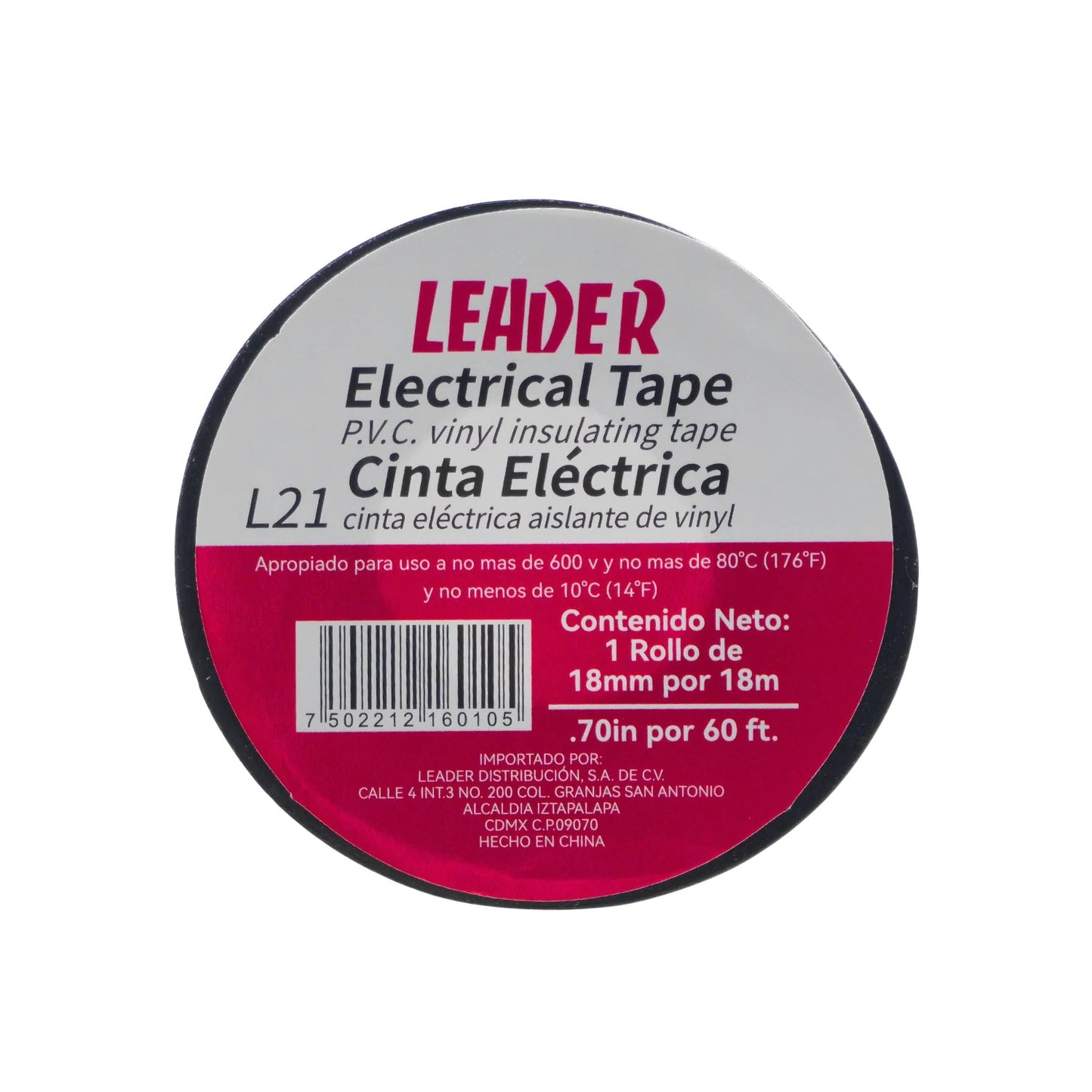 Cinta aislante eléctrica de PVC Leader L21 negra 18mm x 18m para instalaciones y reparaciones.