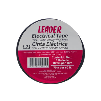 Cinta aislante eléctrica de PVC Leader L21 negra 18mm x 18m para instalaciones y reparaciones.