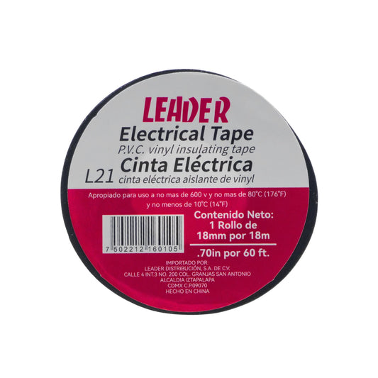 Cinta aislante eléctrica de PVC Leader L21 negra 18mm x 18m para instalaciones y reparaciones.