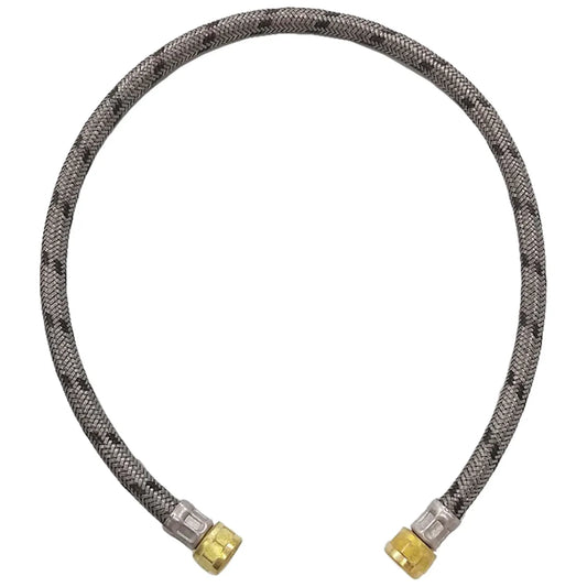 Manguera flexible trenzada gris con extremos de latón para conexión de agua, uso en fontanería.
