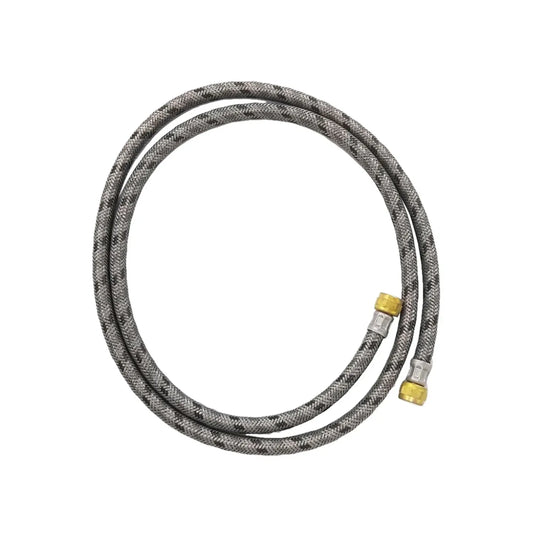 Manguera flexible de acero inoxidable trenzado para grifería con conectores roscados de latón y terminales metálicos.