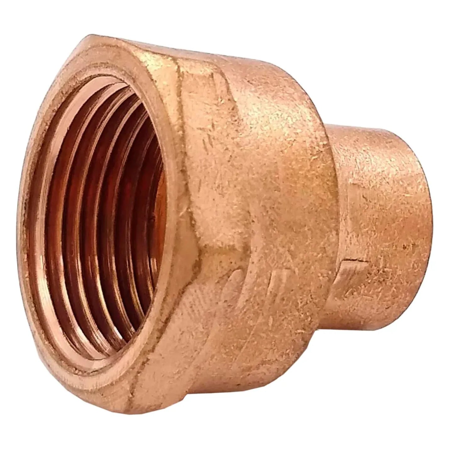 Conexión reductora hembra de cobre con rosca interna y cabeza hexagonal para instalaciones de fontanería