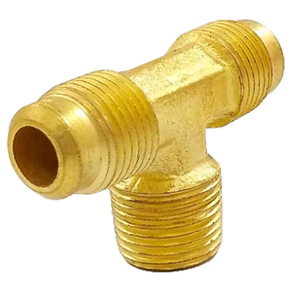 Conexión T de latón para gas, dos salidas flare y una rosca macho NPT