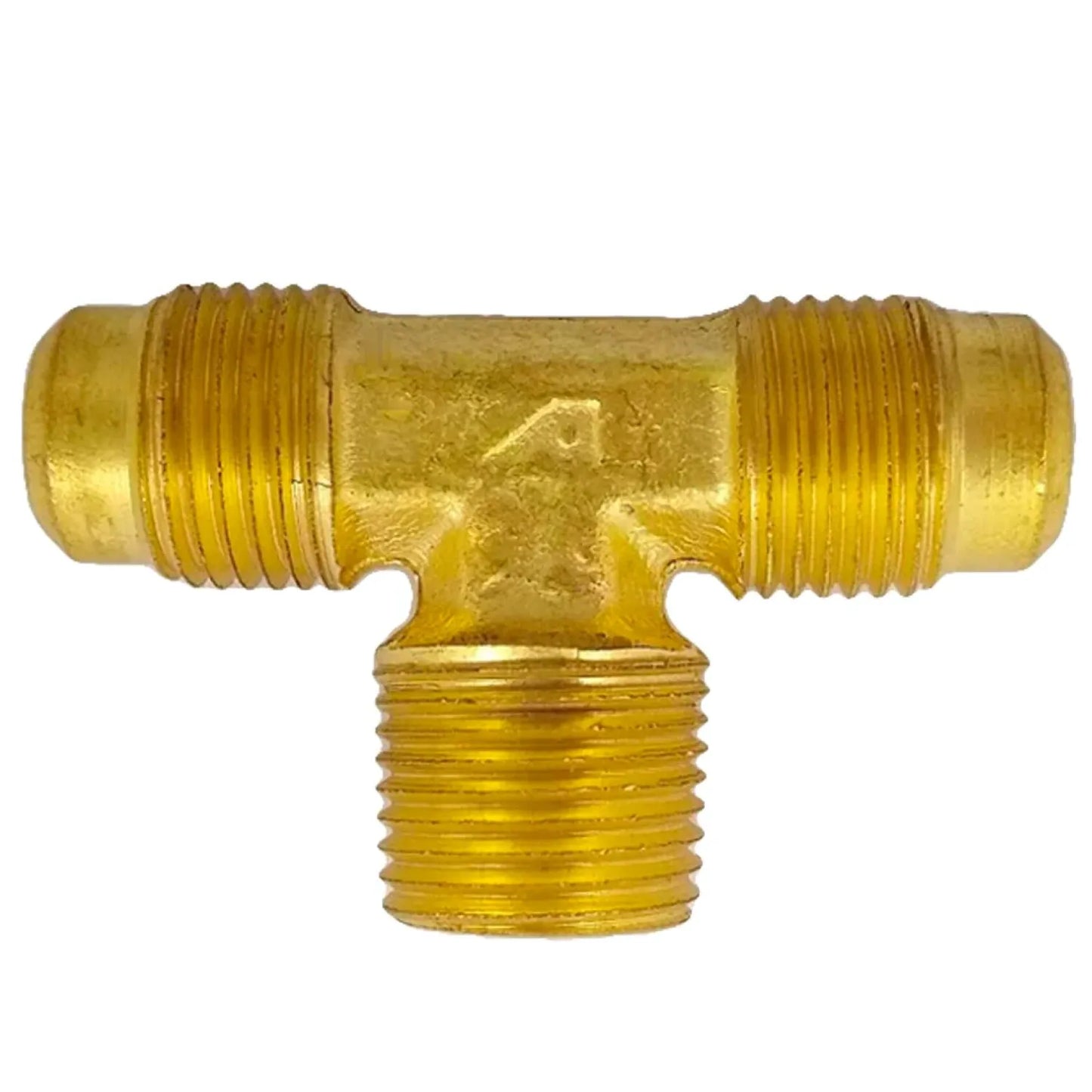 Tee de latón dorado para gas con terminal central roscado macho y dos conexiones flare.