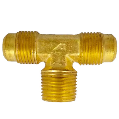Tee de latón dorado para gas con terminal central roscado macho y dos conexiones flare.