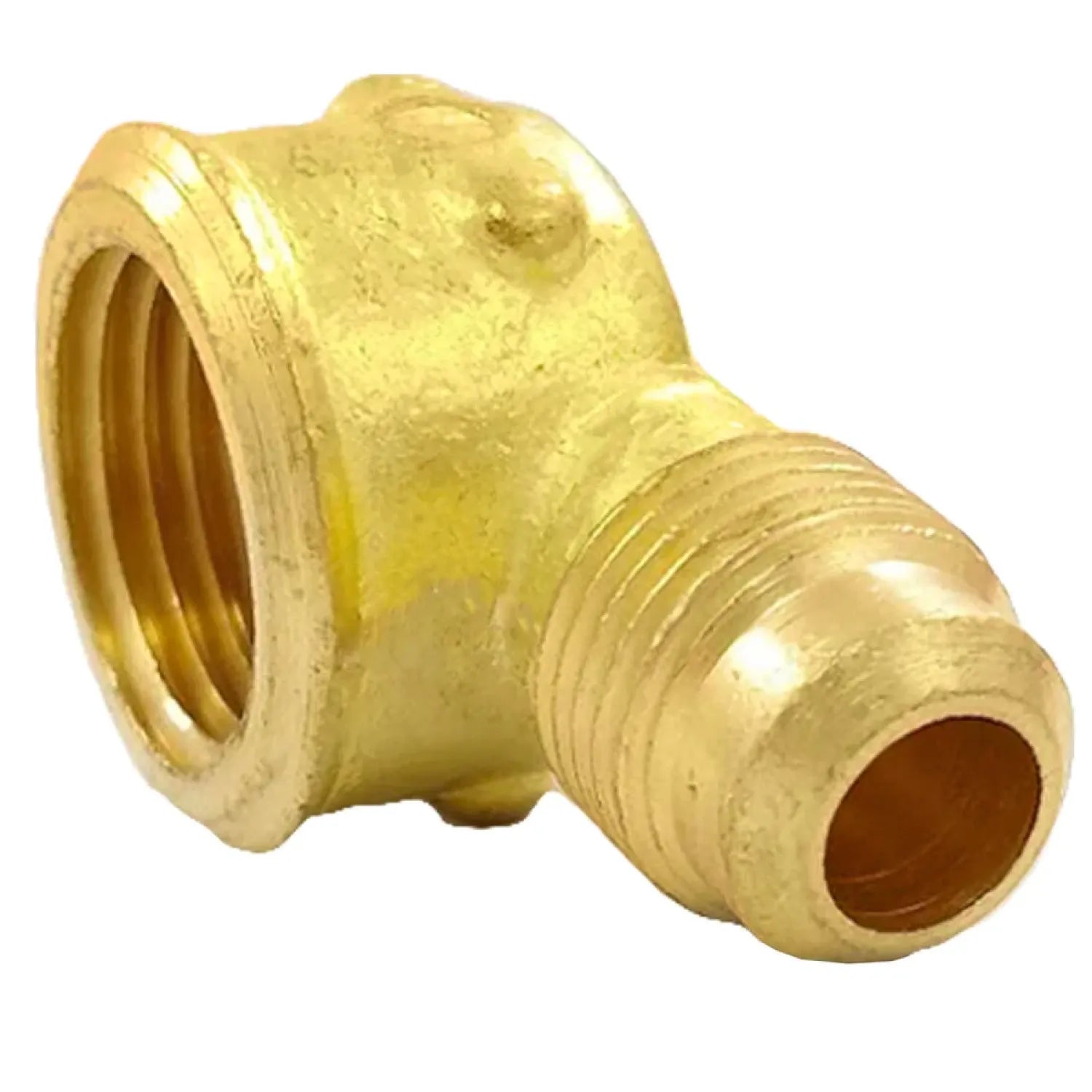 Codo de latón 90° con rosca hembra y conexión flare macho para gas y plomería.