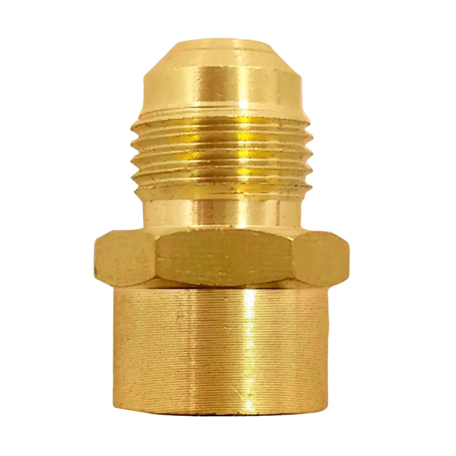 Racor de latón flare macho, adaptador de conexión para tuberías con rosca. Acabado dorado.