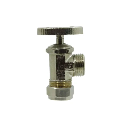 Llave de paso angular cromada con manija de volante para control de agua, conector de compresión.