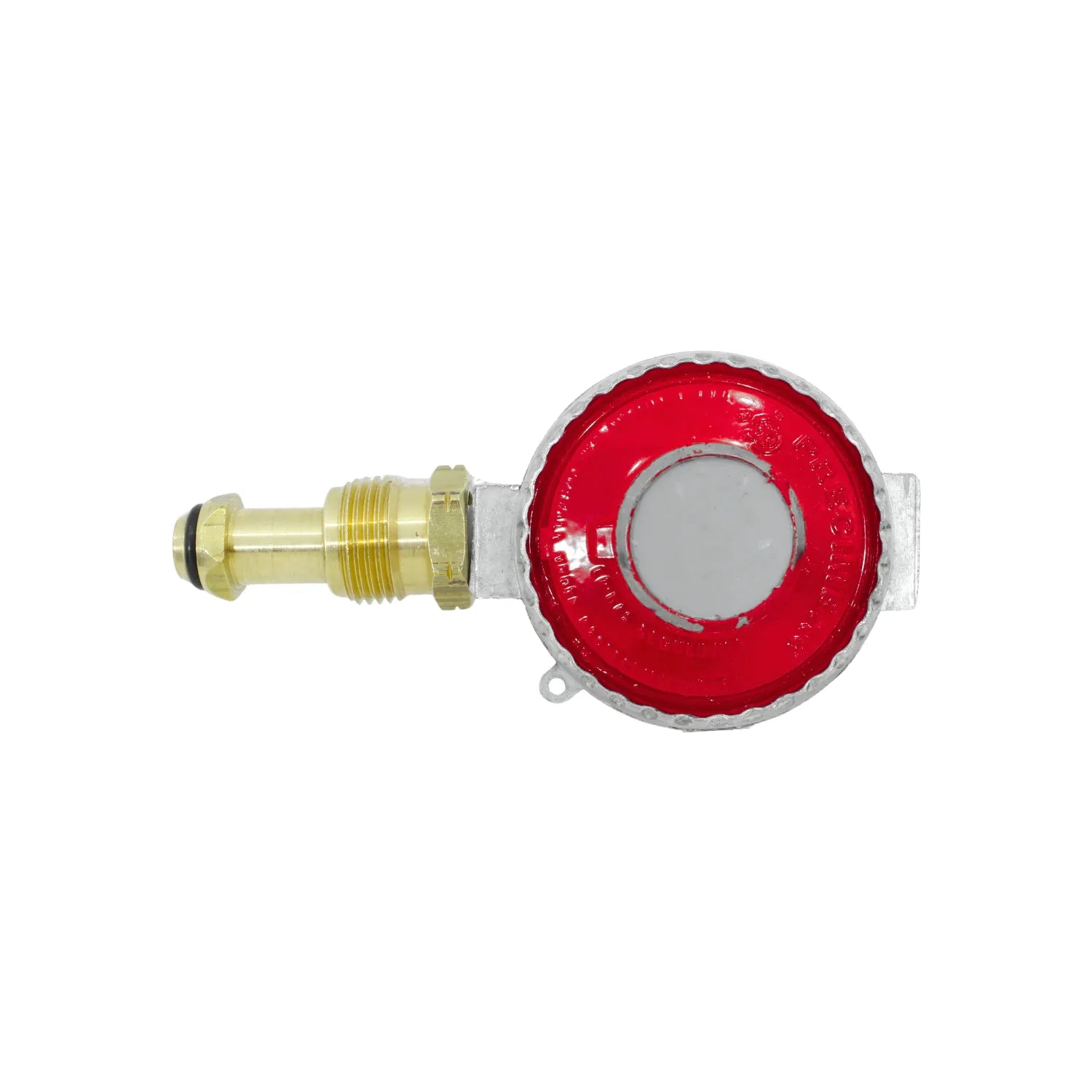 Regulador de gas LP propano con conector QCC1 de latón, cuerpo rojo y plateado para tanque de gas.