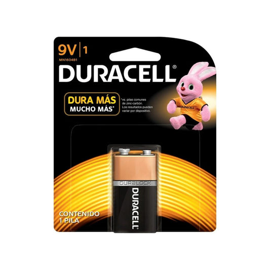 Pila Duracell 9V alcalina de larga duración, alto rendimiento para herramientas y dispositivos, 1 pieza.