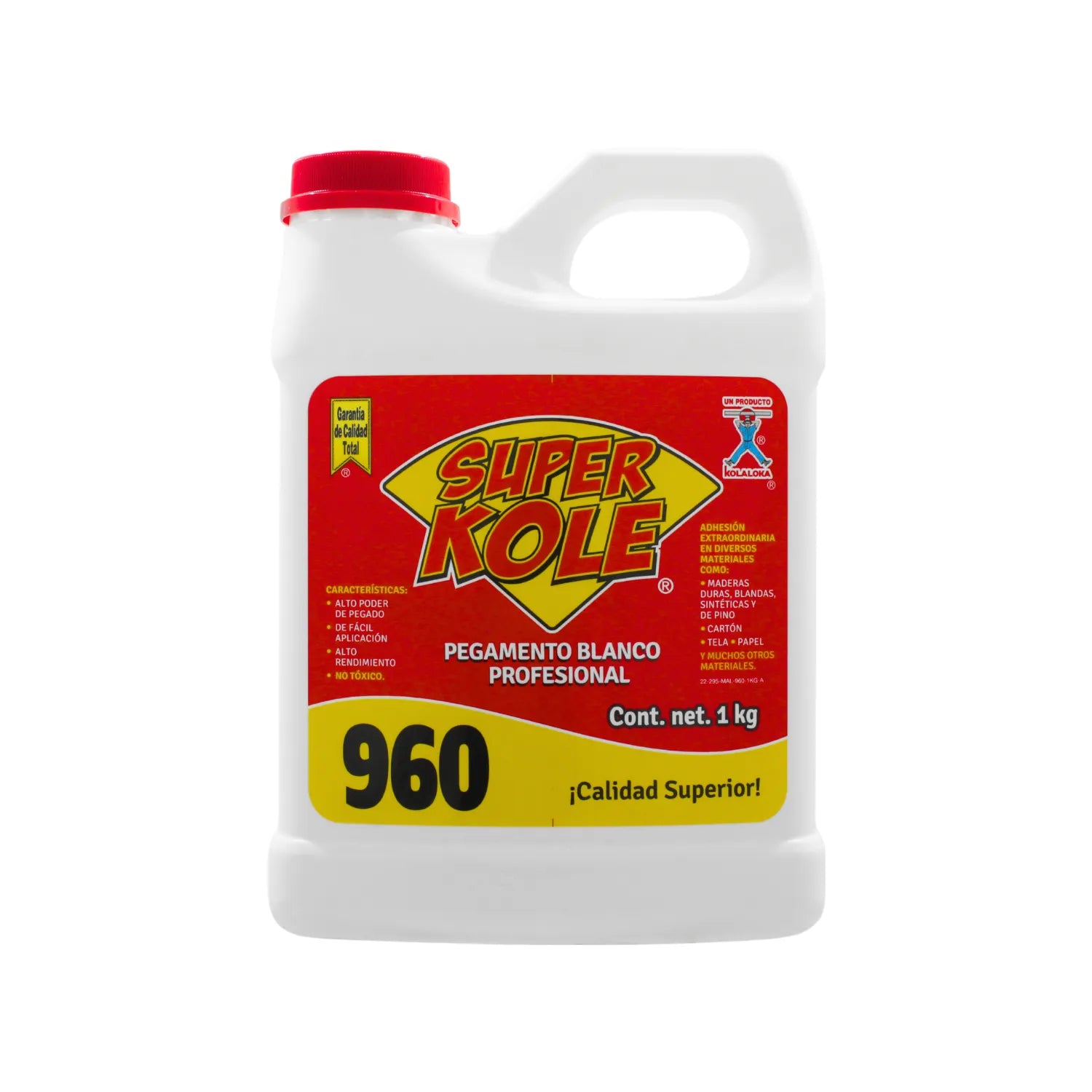 Pegamento blanco profesional Super Kole 960 de 1 kg para madera y cartón en galón con tapa roja.