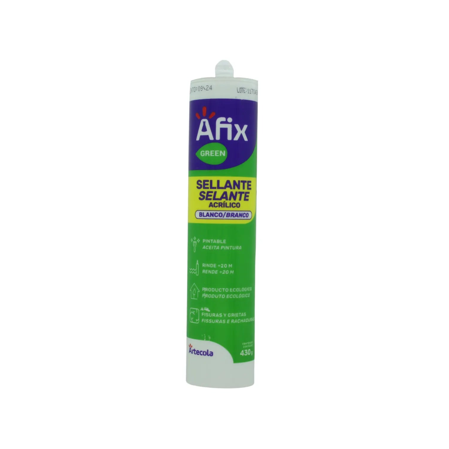 Sellador acrílico blanco Afix Green para fisuras y grietas, pintable y ecológico, 430g