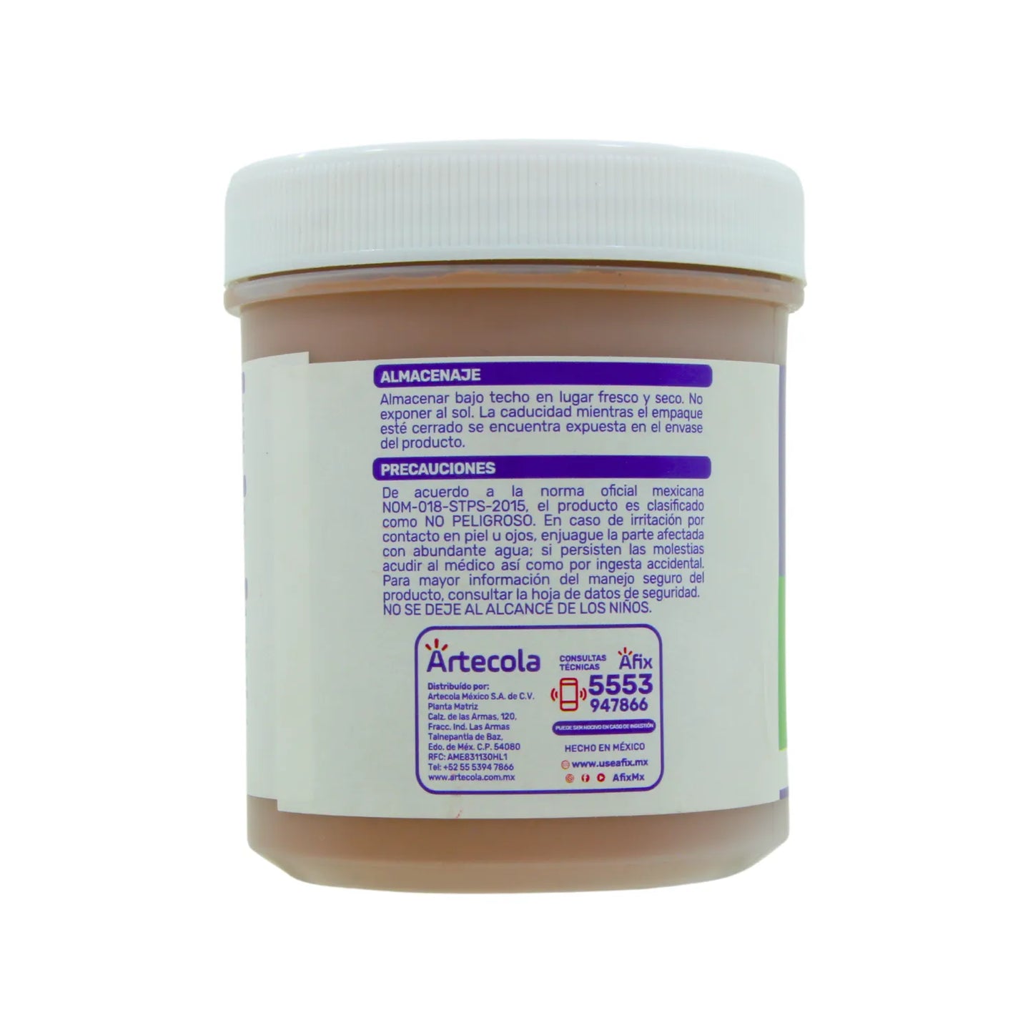 Pegamento Artecóla multiusos no peligroso en bote marrón con tapa blanca para trabajos de bricolaje y ferretería