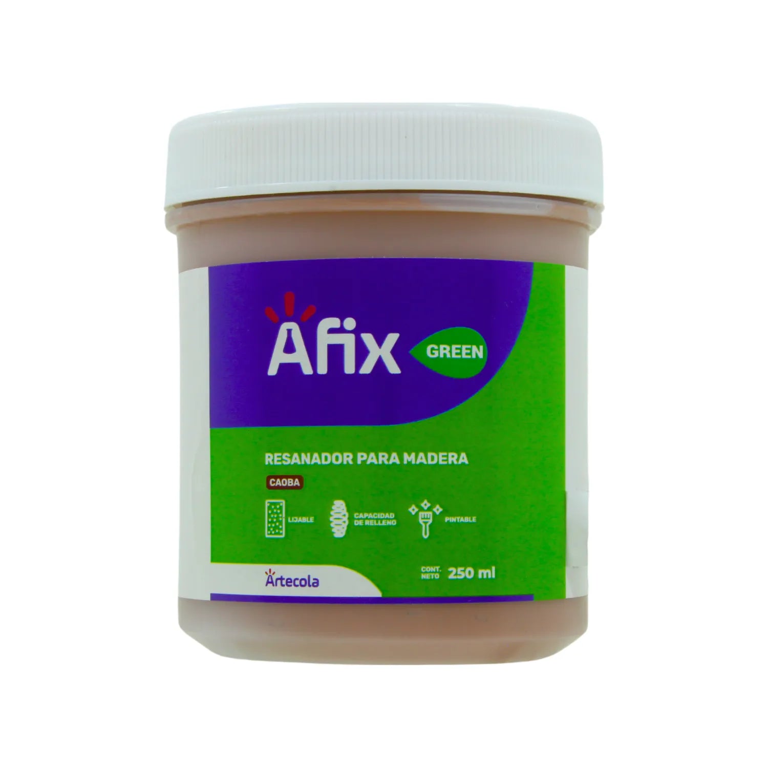 Resanador para madera Afix Green color caoba 250ml, pasta reparadora lijable y pintable para madera.