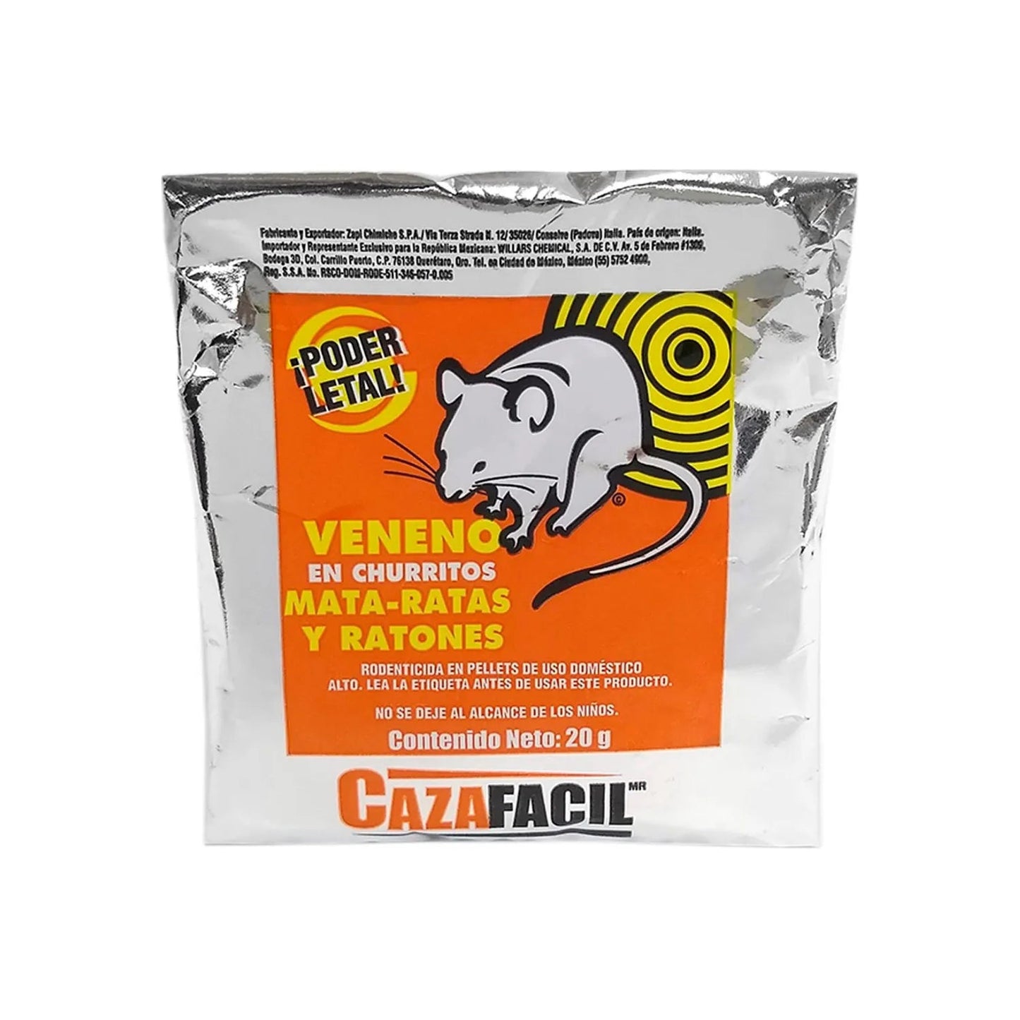 Raticida letal Cazafacil 20g en pellets, veneno mata-ratas y ratones para control de plagas.