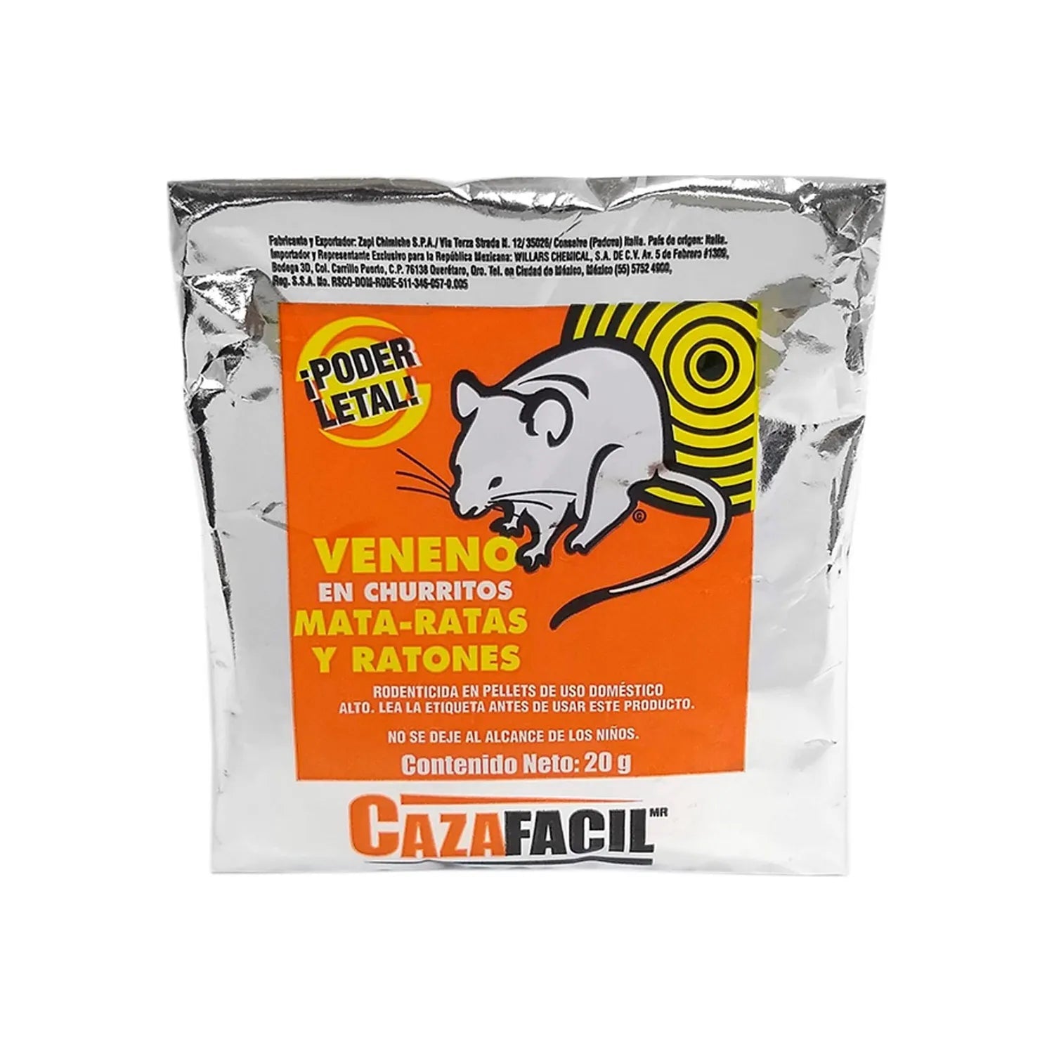 Raticida letal Cazafacil 20g en pellets, veneno mata-ratas y ratones para control de plagas.