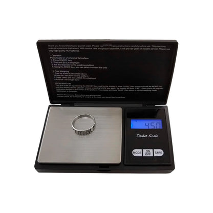 Báscula digital de bolsillo negra precisión para pesar joyas, pantalla LCD retroiluminada.